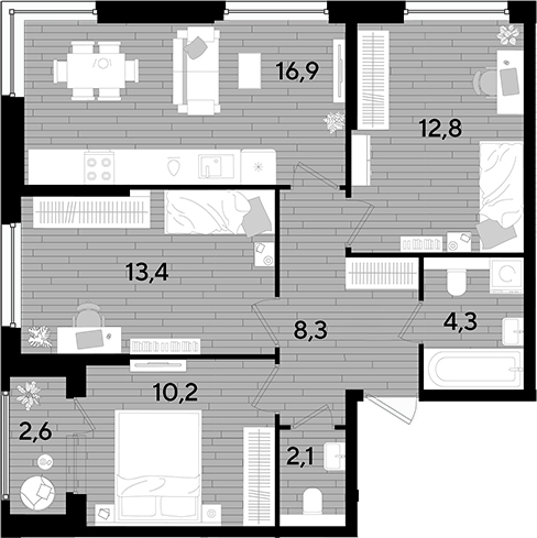 3-комн., 68 м², 2/16 этаж, ЖК «DОГМА ПАРК»
