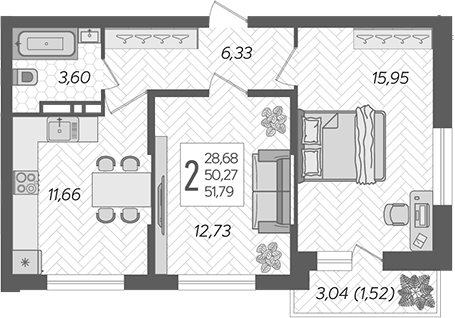 2-комн., 50.27 м², 10/16 этаж, ЖК «Смородина»