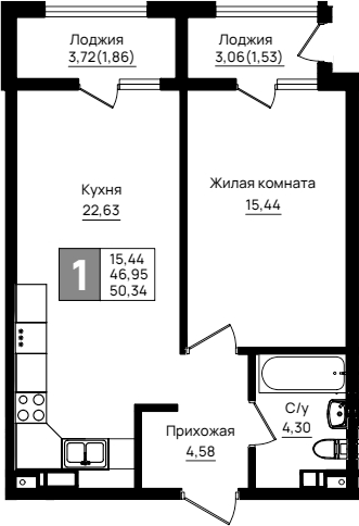 1-комн., 46.95 м², 2/9 этаж, ЖК «Резиденция морей»