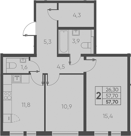 Продается 2-комн. квартира, 57.7 м²