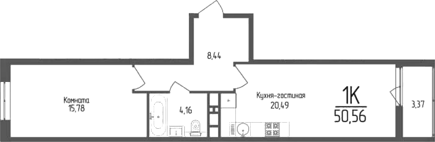 1-комн., 48.87 м², 12/18 этаж, ЖК «Кумир»