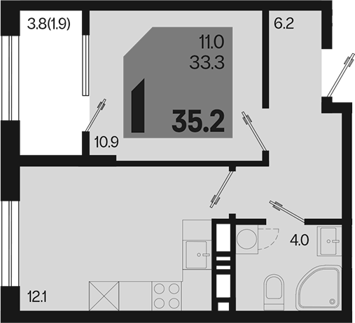 1-комн., 33.3 м², 16/18 этаж, ЖК «Первое место»