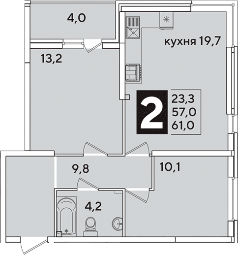 3-комн., 57 м², 2/16 этаж, ЖК «Самолет»