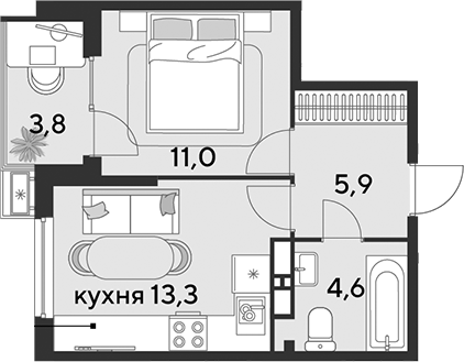 1-комн., 34.8 м², 15/18 этаж, ЖК «Парк Победы»
