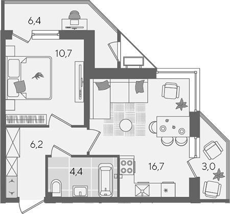 2-комн., 38 м², 2/24 этаж, ЖК «Рекорд»