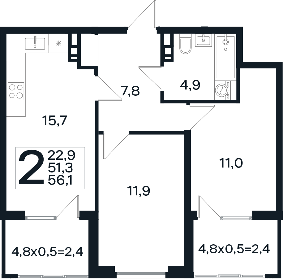 2-комн., 51.3 м², 4/4 этаж, ЖК «Новая Елизаветка»