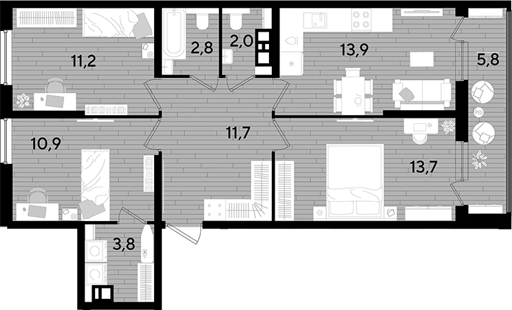 3-комн., 70 м², 9/16 этаж, ЖК «DОГМА ПАРК»
