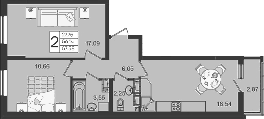 Продается 2-комн. квартира, 56.14 м²