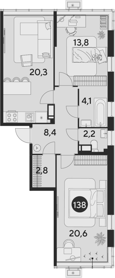3-комн., 72.2 м², 14/16 этаж, ЖК «Парк Победы»