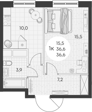 1-комн., 36.6 м², 14/15 этаж, ЖК «Грин Эппл»