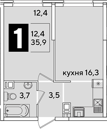 2-комн., 35.9 м², 8/16 этаж, ЖК «Самолет»