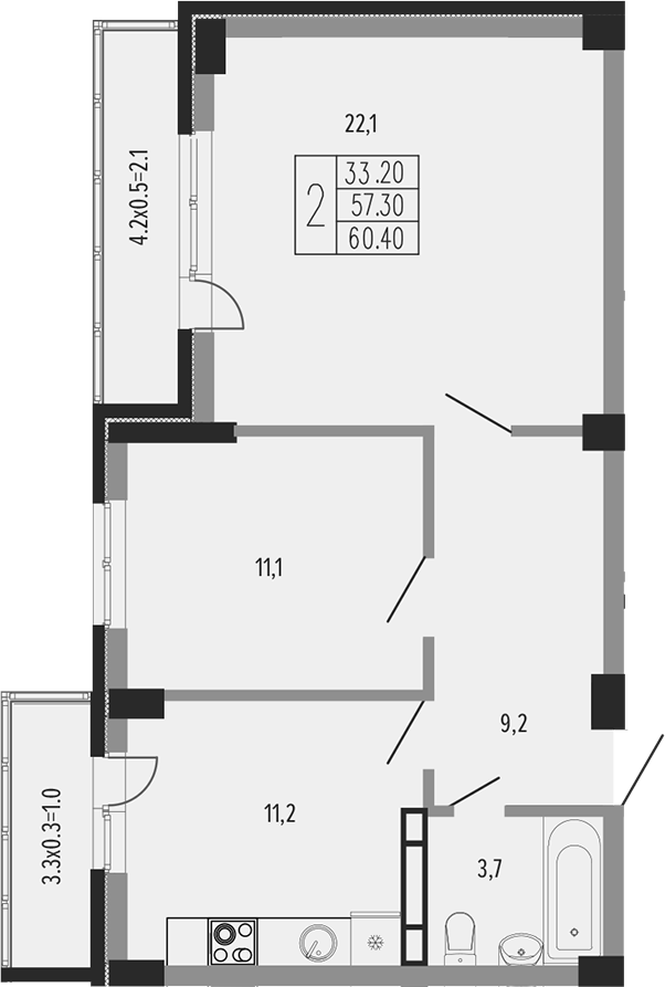 Продается 2-комн. квартира, 58.78 м²