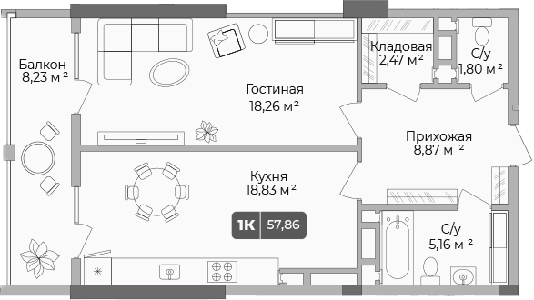 1-комн., 55.39 м², 15/17 этаж, ЖК «Золотой берег. СЗ Среда»