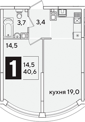 2-комн., 40.6 м², 7/16 этаж, ЖК «Самолет»