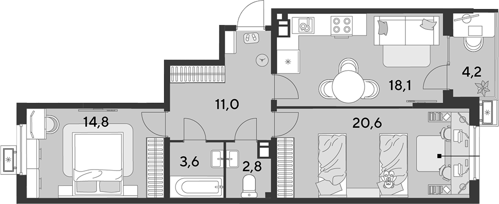 3-комн., 70.9 м², 5/18 этаж, ЖК «Парк Победы»