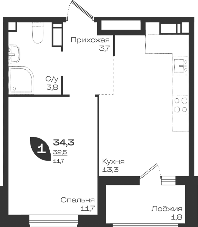 1-комн., 32.5 м², 14/18 этаж, ЖК «Ботаника»