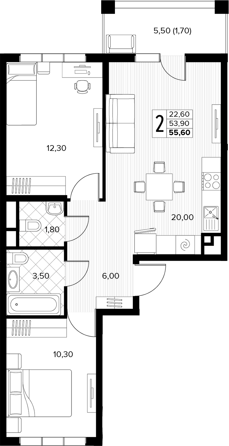 2-комн., 53.9 м², 4/8 этаж, ЖК «Кипарис»