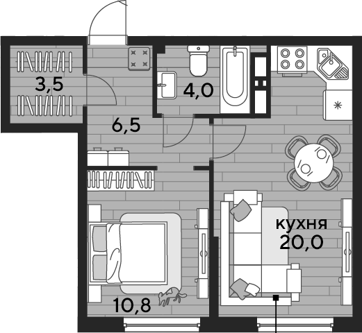 1-комн., 44.8 м², 14/16 этаж, ЖК «DОГМА ПАРК»