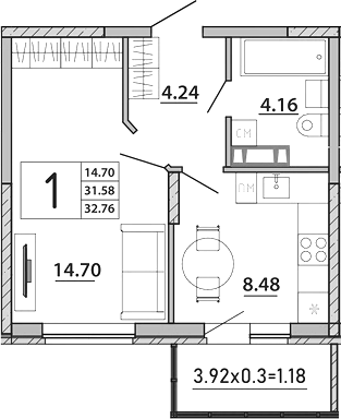 Продается 1-комн. квартира, 31.58 м²