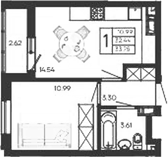 1-комн., 32.44 м², 10/18 этаж, ЖК «Дом 101»