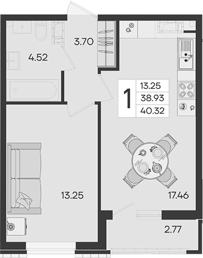 1-комн., 38.93 м², 10/18 этаж, ЖК «Дом 101»
