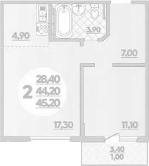 2-комн., 44.2 м², 15/18 этаж, ЖК «Парк у дома»