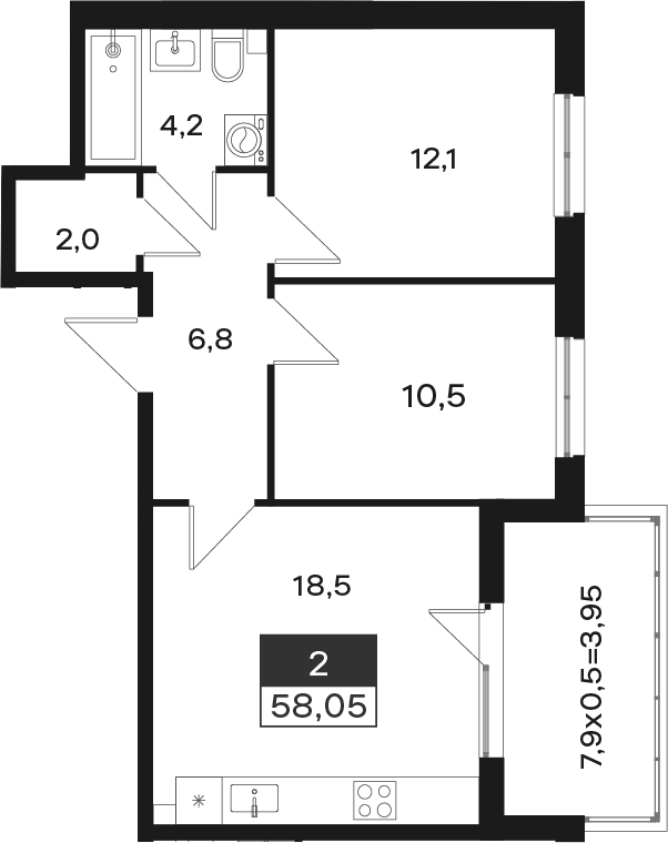 2-комн., 54.1 м², 1/4 этаж, ЖК «Новая Елизаветка»