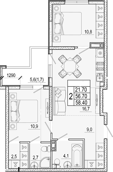 2-комн., 56.7 м², 6/17 этаж, ЖК «Лестория»