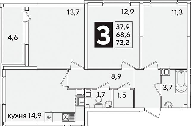 3-комн., 68.6 м², 4/16 этаж, ЖК «Самолет»