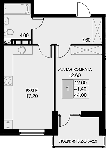 1-комн., 41.4 м², 6/7 этаж, ЖК «История»