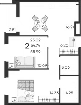 Продается 2-комн. квартира, 54.74 м²