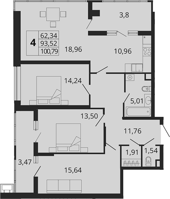 4+ комнаты, 93.52 м², 18/18 этаж, ЖК «Родные Просторы»