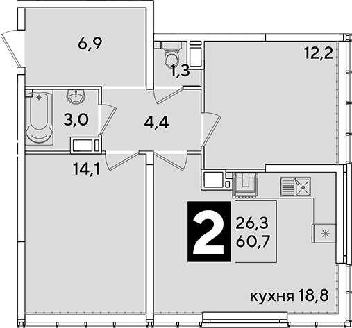 3-комн., 60.7 м², 15/16 этаж, ЖК «Самолет»