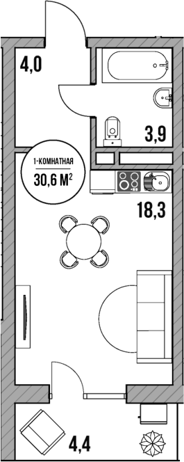 Студия, 26.2 м², 1/5 этаж, ЖК «МореТут»
