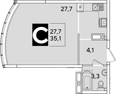 Студия, 35.1 м², 15/16 этаж, ЖК «Самолет»