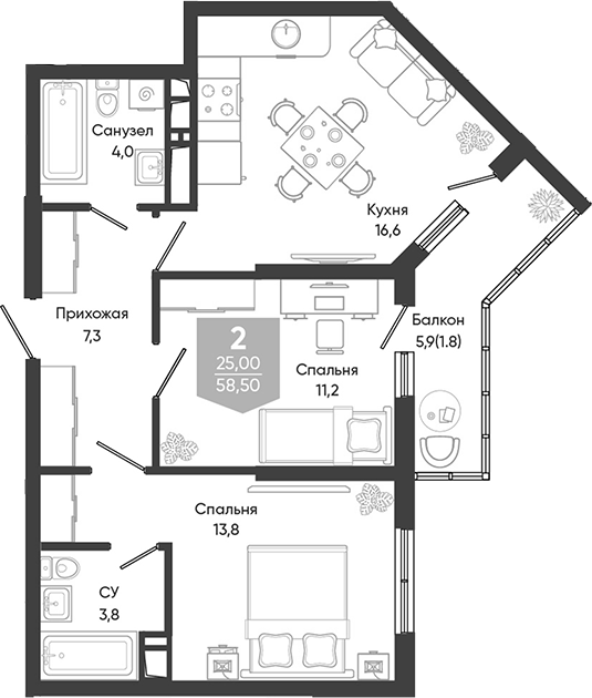 3-комн., 56.7 м², 24/24 этаж, ЖК «Облака»