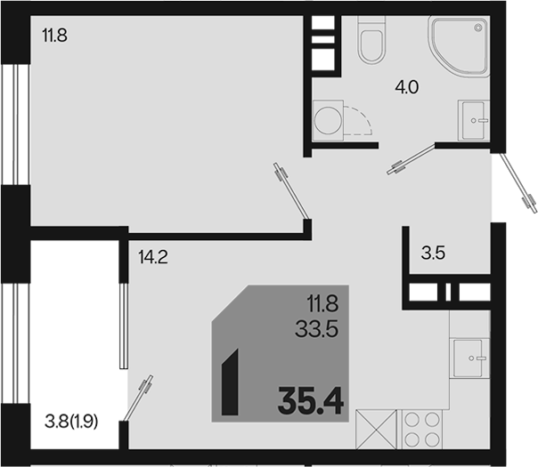 1-комн., 33.5 м², 7/9 этаж, ЖК «Первое место»