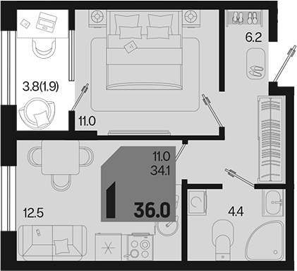 Продается 1-комн. квартира, 34.1 м²