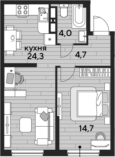 1-комн., 47.7 м², 10/19 этаж, ЖК «DОГМА ПАРК»