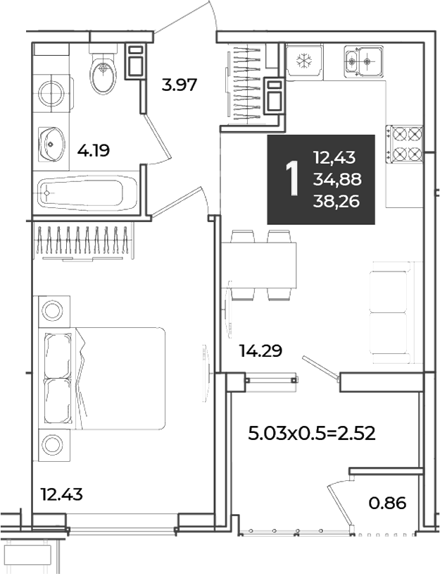 1-комн., 34.88 м², 17/18 этаж, ЖК «Образцово»