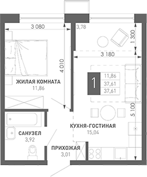 1-комн., 39.63 м², 12/18 этаж, ЖК «Иначе в Молодежном»