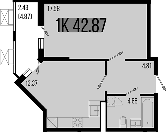 Продается 1-комн. квартира, 40.44 м²