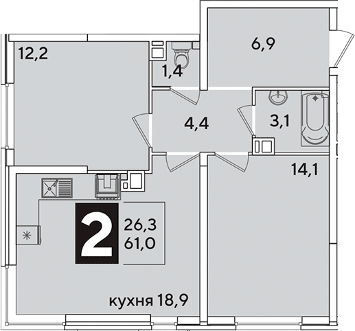 3-комн., 61 м², 7/16 этаж, ЖК «Самолет»