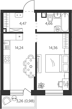 1-комн., 38.03 м², 2/9 этаж, ЖК «К24»