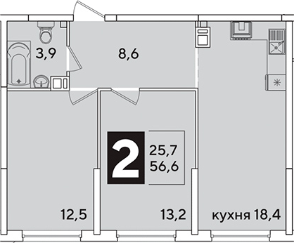 3-комн., 56.6 м², 6/16 этаж, ЖК «Самолет»