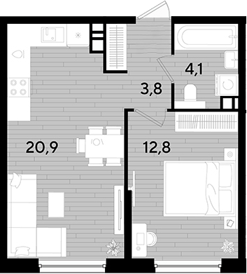 1-комн., 41.6 м², 9/16 этаж, ЖК «DОГМА ПАРК»