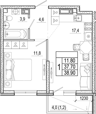 2-комн., 37.7 м², 2/15 этаж, ЖК «Лестория»