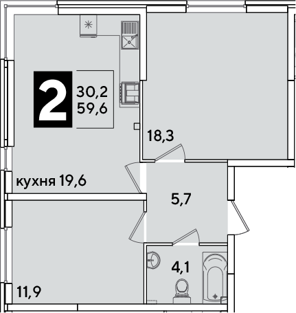3-комн., 59.6 м², 1/16 этаж, ЖК «Самолет»