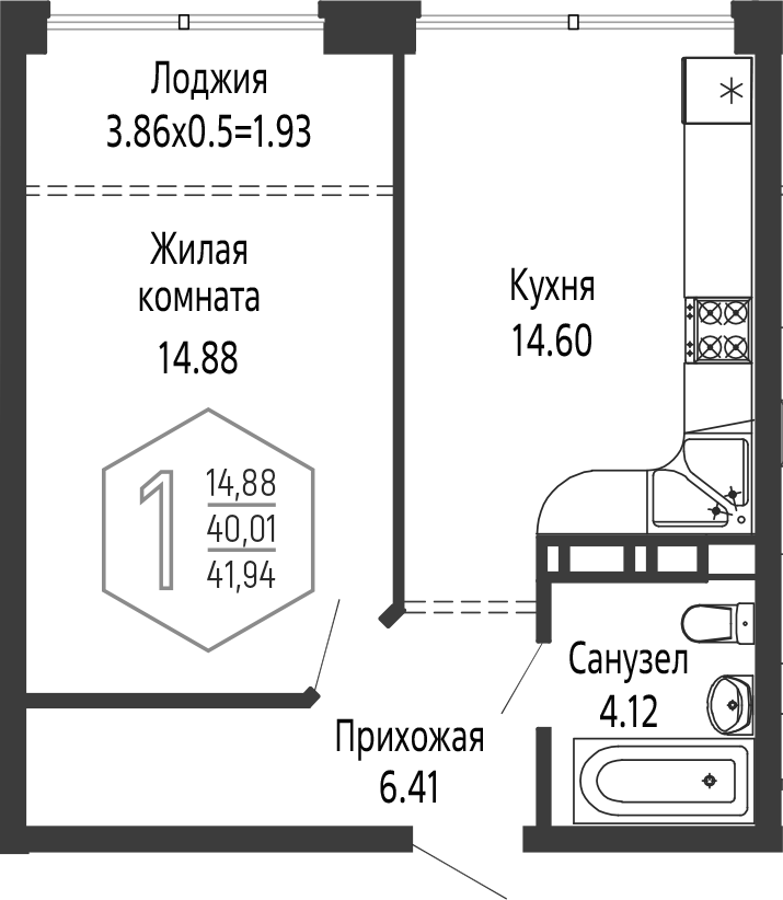 Продается 1-комн. квартира, 40.01 м²