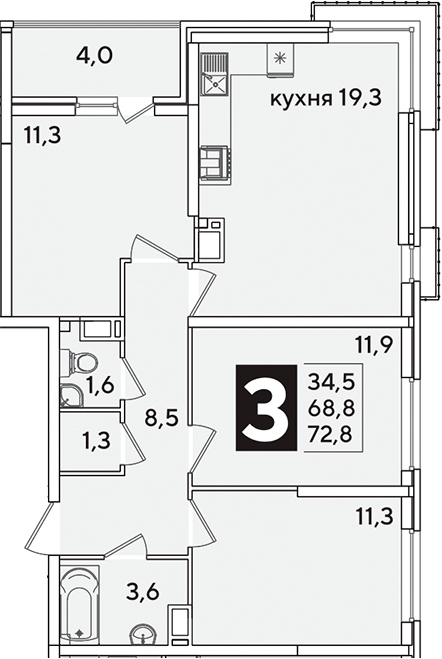 4+ комнаты, 68.8 м², 14/16 этаж, ЖК «Самолет»